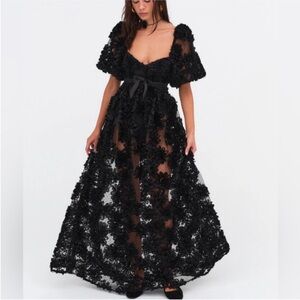 For Love and Lemons Astrid Dress Black Floral Lace Maxi Dress with Puff Sleeves